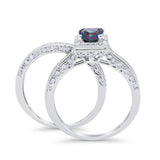 Halo Princess Cut Art Deco Wedding Bridal Set Ring Round Cubic Zirconia 925 Sterling Silver