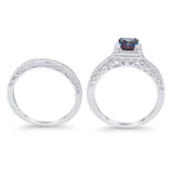 Halo Princess Cut Art Deco Wedding Bridal Set Ring Round Cubic Zirconia 925 Sterling Silver
