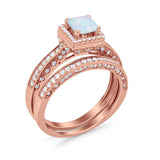 Halo Princess Cut Art Deco Wedding Bridal Set Ring Round Cubic Zirconia 925 Sterling Silver