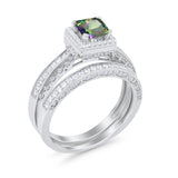 Halo Princess Cut Art Deco Wedding Bridal Set Ring Round Cubic Zirconia 925 Sterling Silver