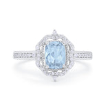 Halo Emerald Cut Wedding Engagement Bridal Ring Round Cubic Zirconia 925 Sterling Silver