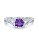 Art Deco Halo Cushion Infinity Shank Wedding Ring Round Cubic Zirconia 925 Sterling Silver