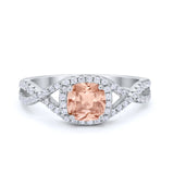 Art Deco Halo Cushion Infinity Shank Wedding Ring Round Cubic Zirconia 925 Sterling Silver