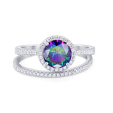 Two Piece Halo Art Deco Bridal Set Wedding Engagement Ring Band 925 Sterling Silver Round Cubic Zirconia