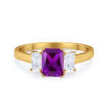 Three Stone Engagement Ring Emerald Cut Round Cubic Zirconia 925 Sterling Silver