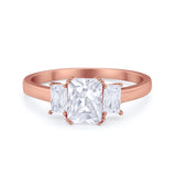 Three Stone Engagement Ring Emerald Cut Round Cubic Zirconia 925 Sterling Silver