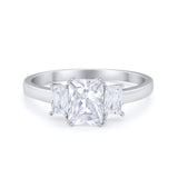 Three Stone Engagement Ring Emerald Cut Round Cubic Zirconia 925 Sterling Silver