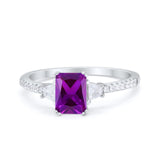 Emerald Cut Three Stone Wedding Ring Round Cubic Zirconia 925 Sterling Silver