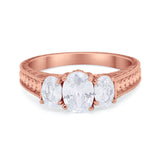 Art Deco Oval Three Stone Wedding Bridal Ring Round Cubic Zirconia 925 Sterling Silver