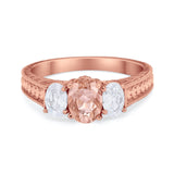 Art Deco Oval Three Stone Wedding Bridal Ring Round Cubic Zirconia 925 Sterling Silver