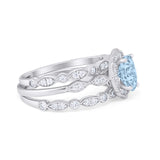 Vintage Style Halo Oval Art Deco Three Piece Wedding Engagement Ring Bridal Set Round Simulated Cubic Zirconia 925 Sterling Silver