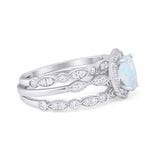 Vintage Style Halo Oval Art Deco Three Piece Wedding Engagement Ring Bridal Set Round Simulated Cubic Zirconia 925 Sterling Silver
