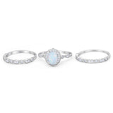 Vintage Style Halo Oval Art Deco Three Piece Wedding Engagement Ring Bridal Set Round Simulated Cubic Zirconia 925 Sterling Silver