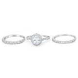 Vintage Style Halo Oval Art Deco Three Piece Wedding Engagement Ring Bridal Set Round Simulated Cubic Zirconia 925 Sterling Silver