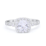 Halo Cushion Art Deco Wedding Engagement Ring Bridal Round Simulated Cubic Zirconia 925 Sterling Silver
