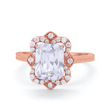 Halo Emerald Cut Engagement Ring Simulated Cubic Zirconia 925 Sterling Silver