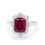 Halo Emerald Cut Engagement Ring Simulated Cubic Zirconia 925 Sterling Silver
