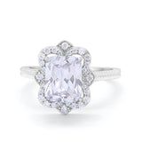 Halo Emerald Cut Engagement Ring Simulated Cubic Zirconia 925 Sterling Silver