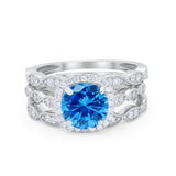 Art Deco Three Piece Wedding Ring Band Round Simulated CZ 925 Sterling Silver
