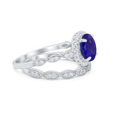 Art Deco Two Piece Wedding Ring Round Simulated CZ 925 Sterling Silver
