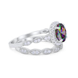 Art Deco Two Piece Wedding Ring Round Simulated CZ 925 Sterling Silver