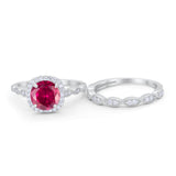 Art Deco Two Piece Wedding Ring Round Simulated CZ 925 Sterling Silver
