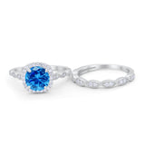 Art Deco Two Piece Wedding Ring Round Simulated CZ 925 Sterling Silver