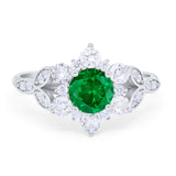Floral Vintage Style Engagement Cluster Ring Round Cubic Zirconia 925 Sterling Silver