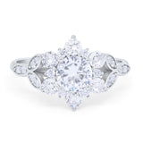 Floral Vintage Style Engagement Cluster Ring Round Cubic Zirconia 925 Sterling Silver