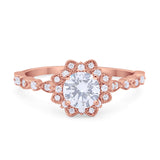 Art Deco Floral Style Wedding Engagemnet Ring Round Cubic Zirconia 925 Sterling Silver