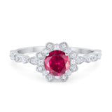 Art Deco Floral Style Wedding Engagemnet Ring Round Cubic Zirconia 925 Sterling Silver