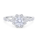Art Deco Floral Style Wedding Engagemnet Ring Round Cubic Zirconia 925 Sterling Silver