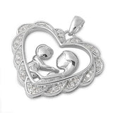 Heart Mother Child Pendant Round Cubic Zirconia 925 Sterling Silver Mothers Day Gift Choose Color - Blue Apple Jewelry