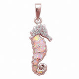 Sea Horse Pendant Lab Created Blue Opal Round Simulated Cubic Zirconia 925 Sterling Silver (28mm)