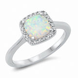 Halo Engagement Ring Princess Cut Square Created Opal Solid 925 Sterling Silver Choose Color