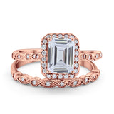 Two Piece Emerald Cut Ring Wedding Simulated Cubic Zirconia 925 Sterling Silver