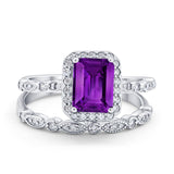Two Piece Emerald Cut Ring Wedding Simulated Cubic Zirconia 925 Sterling Silver