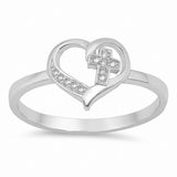 Cross in Heart Ring Round Cubic Zirconia 925 Sterling Silver
