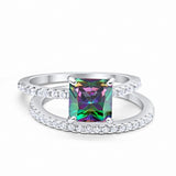 Two Piece Wedding Engagement Ring Band Asscher Cut Simulated Cubic Zirconia 925 Sterling Silver Choose Color