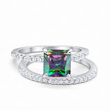Two Piece Wedding Engagement Ring Band Asscher Cut Simulated Cubic Zirconia 925 Sterling Silver Choose Color
