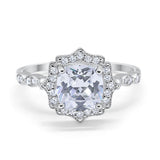 Halo Engagement Ring Cushion Simulated Cubic Zirconia 925 Sterling Silver