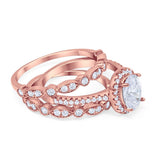 Three Piece Halo Art Deco Wedding Band Engagement Ring Oval Round Cubic Zirconia 925 Sterling Silver Choose color