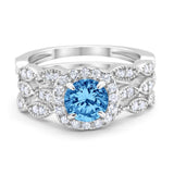 Halo Three Piece Wedding Simulated Cubic Zirconia Ring 925 Sterling Silver