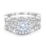 Halo Three Piece Wedding Simulated Cubic Zirconia Ring 925 Sterling Silver