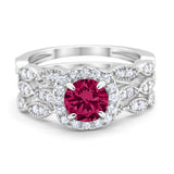Halo Three Piece Wedding Simulated Cubic Zirconia Ring 925 Sterling Silver