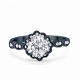 Halo Floral Wedding Ring Round Simulated Cubic Zirconia 925 Sterling Silver