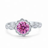 Halo Floral Wedding Ring Round Simulated Cubic Zirconia 925 Sterling Silver