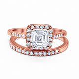 Halo Asscher Cut Wedding Engagement Bridal Set Ring Round Cubic Zirconia 925 Sterling Silver Choose Color