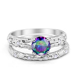 Art Deco Two Piece Engagement Ring Round Simulated CZ 925 Sterling Silver