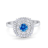 Halo Engagement Ring Round Baguette Simulated Cubic Zirconia 925 Sterling Silver